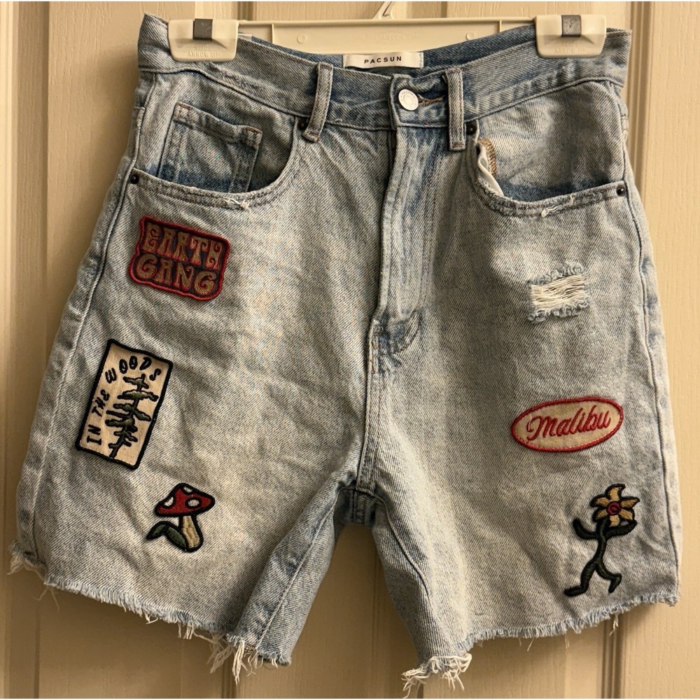 PacSun - Eco Patches Light Blue Denim Dad Shorts - Size 26